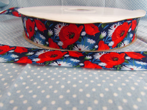 25mm Ribbon Navy Blue Red Poppy Flower Satin Ribbon in 2m, 5m, 10m and 20m - Premium Ribbon from Smart as a button - Just £2.50! Shop now at Smart as a button