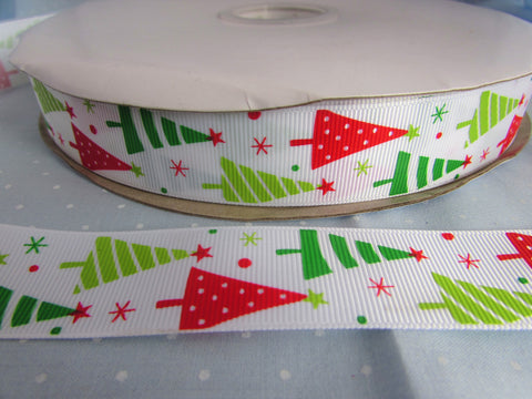 25mm Ribbon Red and Green Xmas Trees on White Grosgrain Ribbon - Premium Ribbon from Smart as a button - Just £3! Shop now at Smart as a button