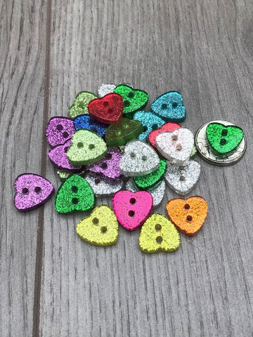 13mm Buttons Heart Glitter Buttons 2 Hole Transparent Asst Colours & Packs