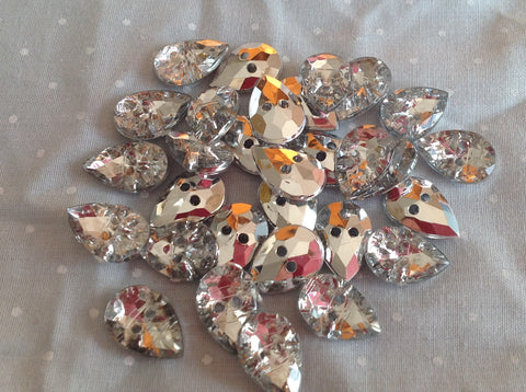 15MM SILVER BACKED PEAR DROP CRYSTAL BUTTONS