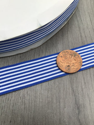 25mm  Royal Blue & White Horizontal Stripe Double Sided Grosgrain Ribbon