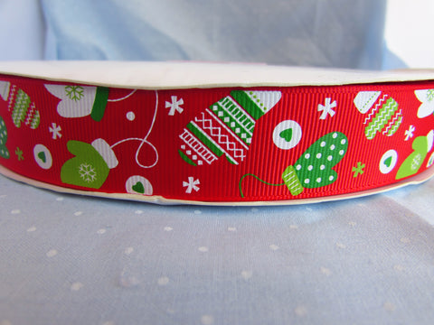 25mm Red Christmas Grosgrain Ribbon with Mitten Glove Print in 2m, 5m, 10m 20m