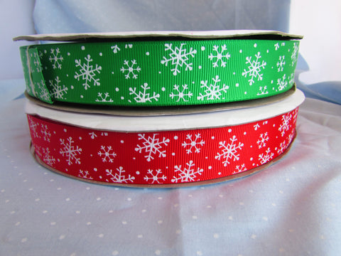 25mm Ribbon Red or Green Snowflake Grosgrain Ribbon in 2m, 5m, 10m and 25m