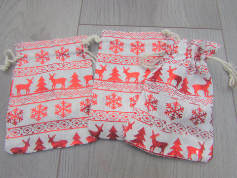 Christmas Gift Bags Red Foil Xmas Designs Cotton Drawstring Asst Packs 14 X 10CM